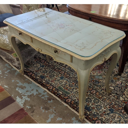 335 - BUREAU PLAT, 116cm W x 76cm H x 62cm D French Provincial Louis XV style distressed painted and flora... 