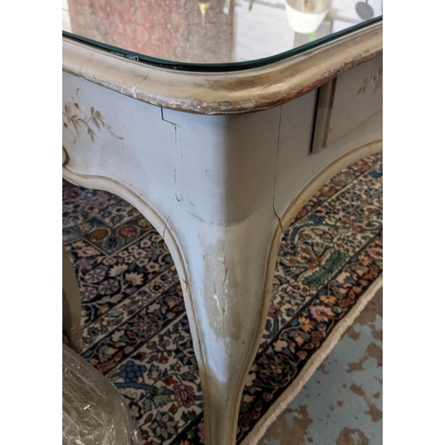 335 - BUREAU PLAT, 116cm W x 76cm H x 62cm D French Provincial Louis XV style distressed painted and flora... 