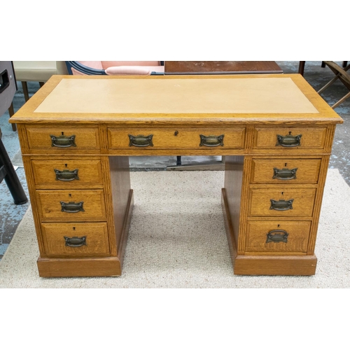 334 - PEDESTAL DESK, approx 123cm W x 65cm D x 73cm H, early 20th century, oak circa 1905, with light tan ... 