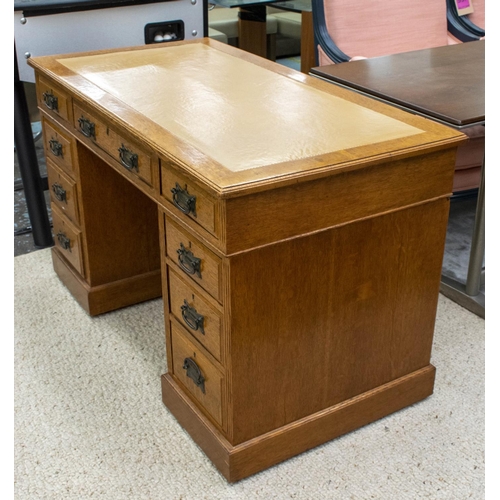 334 - PEDESTAL DESK, approx 123cm W x 65cm D x 73cm H, early 20th century, oak circa 1905, with light tan ... 