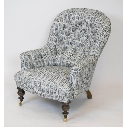 330 - ARMCHAIR, 88cm H x 71cm W, Victorian, newly upholstered in patterned grey fabric, with later brass f... 