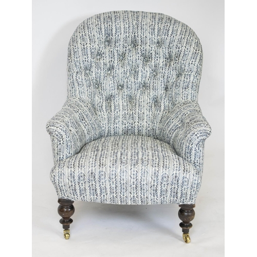 330 - ARMCHAIR, 88cm H x 71cm W, Victorian, newly upholstered in patterned grey fabric, with later brass f... 