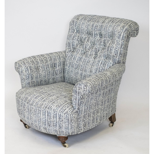 331 - ARMCHAIR, 86cm H x 86cm W, Victorian walnut, circa 1870, in Howard style with grey patterned upholst... 