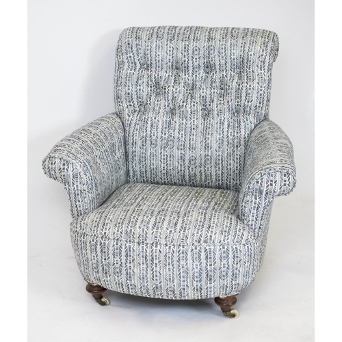 331 - ARMCHAIR, 86cm H x 86cm W, Victorian walnut, circa 1870, in Howard style with grey patterned upholst... 