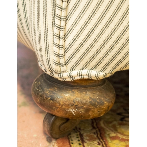 332 - TUB CHAIR, 72cm H x 86cm x 84cm, early 20th century, in new ticking upholstery on steel castors.