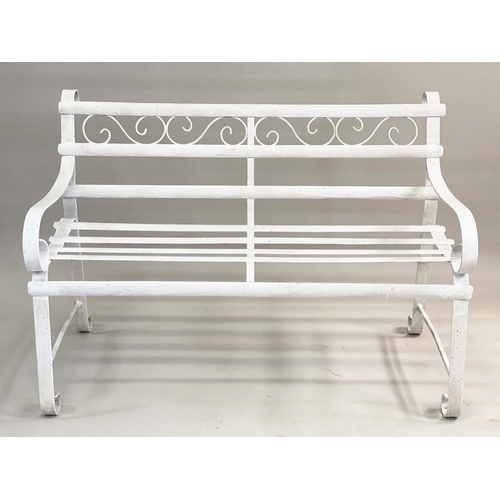 341 - GARDEN BENCH, early 20th century Regency style, white painted wrought iron slatted and scrollwork, 1... 