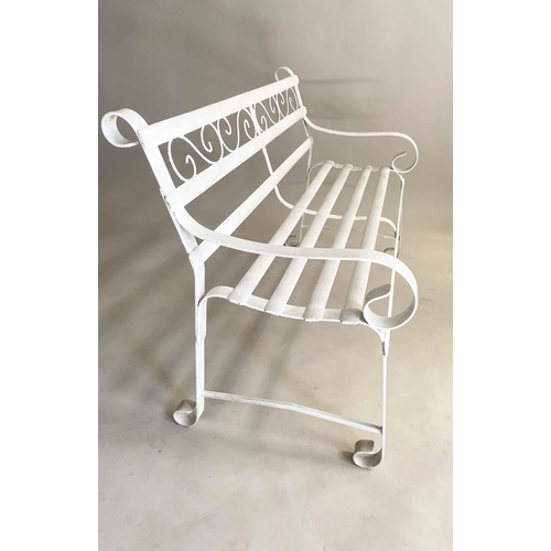 341 - GARDEN BENCH, early 20th century Regency style, white painted wrought iron slatted and scrollwork, 1... 