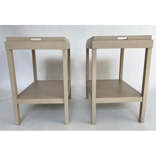 339 - OKA TRAY TABLES, a pair, grey painted with lift off pierced handled trays and undertier, 61cm x 47cm... 