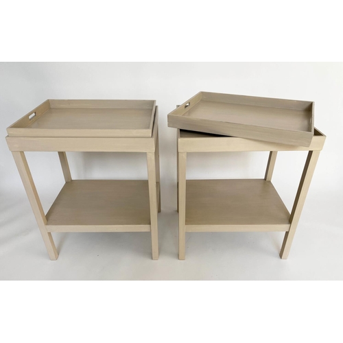 339 - OKA TRAY TABLES, a pair, grey painted with lift off pierced handled trays and undertier, 61cm x 47cm... 