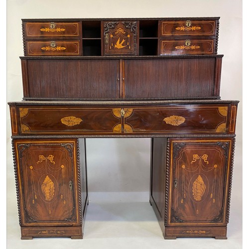 349 - DUTCH SECRETAIRE/DESK, 19th century Dutch mahogany and all over foliate satinwood inlaid with drawer... 