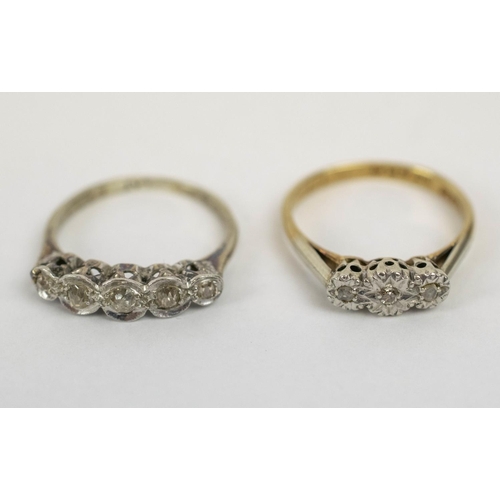 21 - TWO RINGS, comprising a 9ct gold three stone diamond illusion set ring, size N, plus a platinum five... 