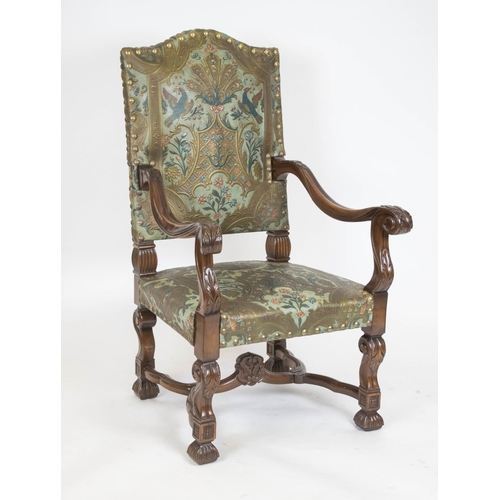 316 - THRONE CHAIR, 121cm H x 72cm W x 70cm D, Louis XIV style in polychrome embossed leather.