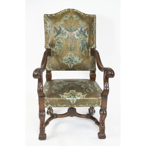 316 - THRONE CHAIR, 121cm H x 72cm W x 70cm D, Louis XIV style in polychrome embossed leather.