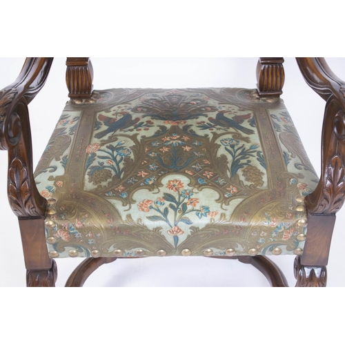 316 - THRONE CHAIR, 121cm H x 72cm W x 70cm D, Louis XIV style in polychrome embossed leather.