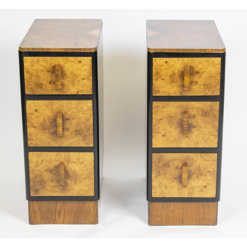 317 - BEDSIDE CHESTS, 68cm H x 27cm W x 47cm D, a pair, Art Deco burr walnut and ebonised, each with three... 