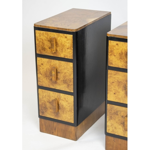 317 - BEDSIDE CHESTS, 68cm H x 27cm W x 47cm D, a pair, Art Deco burr walnut and ebonised, each with three... 