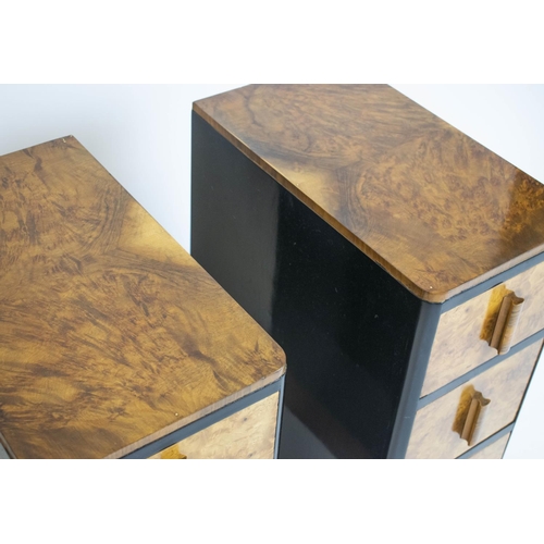 317 - BEDSIDE CHESTS, 68cm H x 27cm W x 47cm D, a pair, Art Deco burr walnut and ebonised, each with three... 