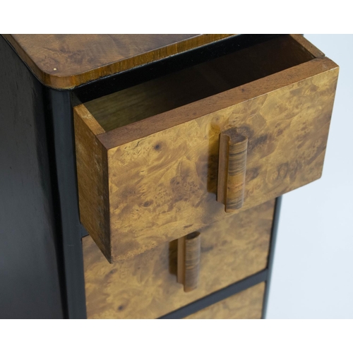 317 - BEDSIDE CHESTS, 68cm H x 27cm W x 47cm D, a pair, Art Deco burr walnut and ebonised, each with three... 