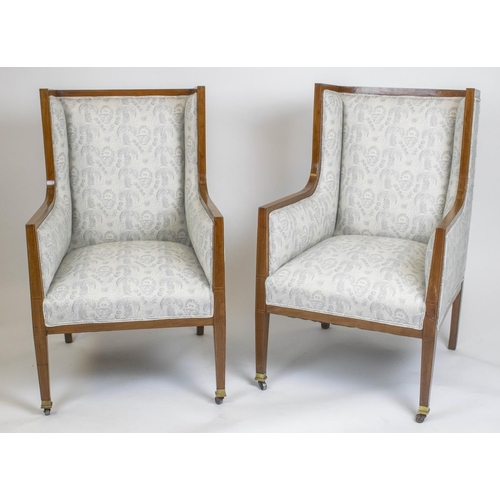 325 - WING ARMCHAIRS, 102cm H x 62cm W, a pair, Edwardian mahogany and boxwood strung in pale patterned fa... 