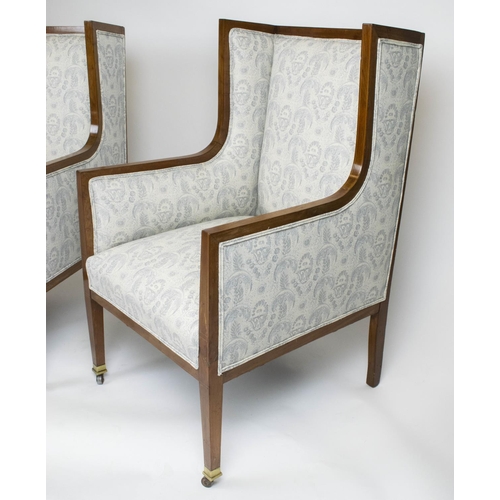 325 - WING ARMCHAIRS, 102cm H x 62cm W, a pair, Edwardian mahogany and boxwood strung in pale patterned fa... 