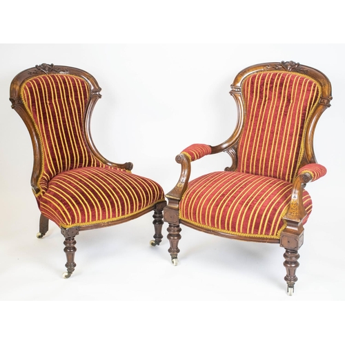 326 - COMPANION CHAIRS, a pair Victorian walnut in crimson striped chenille, armchair 73cm W, ladies chair... 