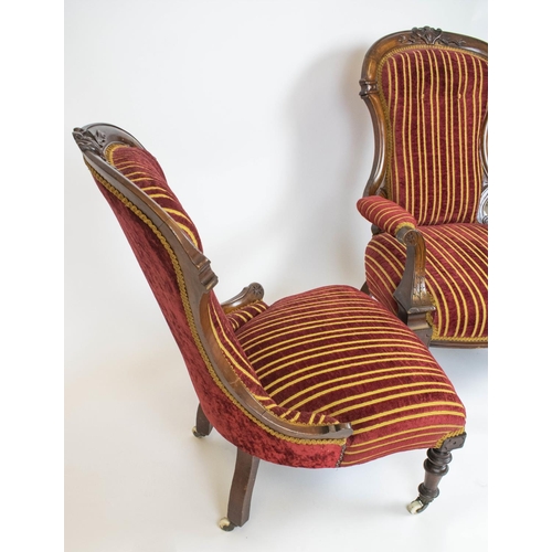 326 - COMPANION CHAIRS, a pair Victorian walnut in crimson striped chenille, armchair 73cm W, ladies chair... 