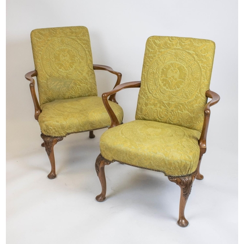 327 - ARMCHAIRS, 97cm H x 67cm W, a pair, George I style, walnut in patterned green upholstery. (2)