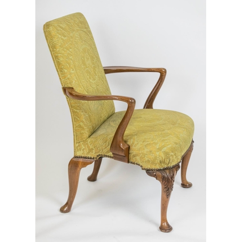 327 - ARMCHAIRS, 97cm H x 67cm W, a pair, George I style, walnut in patterned green upholstery. (2)