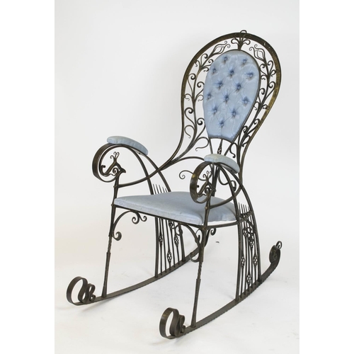 328 - ROCKING CHAIR, 127cm H x 59cm W x 116cm D, Art Nouveau style, steel and blue silk.