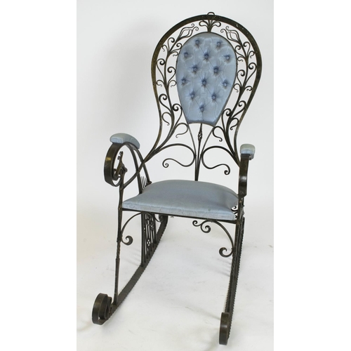 328 - ROCKING CHAIR, 127cm H x 59cm W x 116cm D, Art Nouveau style, steel and blue silk.