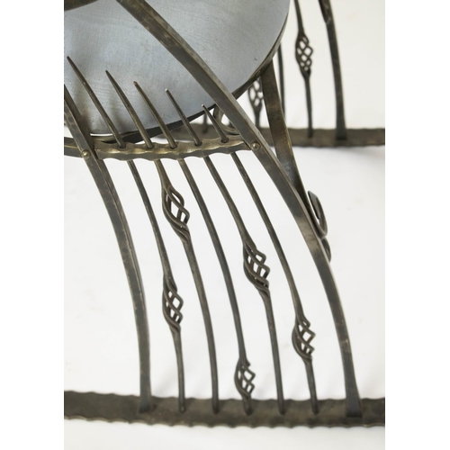 328 - ROCKING CHAIR, 127cm H x 59cm W x 116cm D, Art Nouveau style, steel and blue silk.