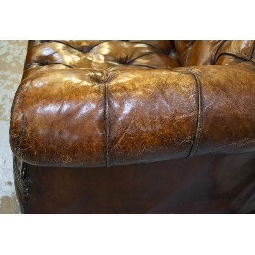 343 - CHESTERFIELD SOFA, 69cm H x 210cm W x 91cm D, Victorian mahogany, circa 1870, in brown leather on ce... 