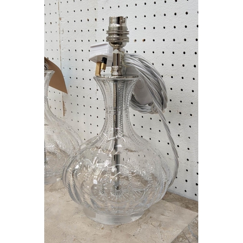 385 - DECANTER TABLE LAMPS, a pair, 30cm H. (2)