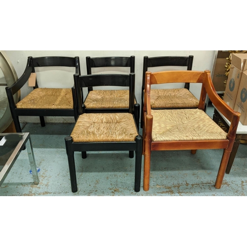 387 - AFTER VIGO MAGISTRETTI CARIMATE STYLE CHAIRS, a set of four in an ebonised finish, and one in a stai... 