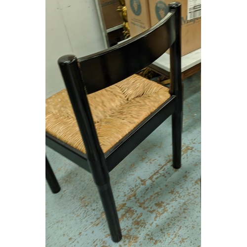 387 - AFTER VIGO MAGISTRETTI CARIMATE STYLE CHAIRS, a set of four in an ebonised finish, and one in a stai... 