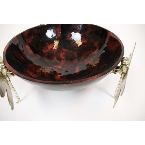 39 - DRAGONFLY BOWL, red and black pen shell bowl with three metal dragonfly supports, 60cm diam x 24cm H... 