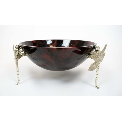 39 - DRAGONFLY BOWL, red and black pen shell bowl with three metal dragonfly supports, 60cm diam x 24cm H... 