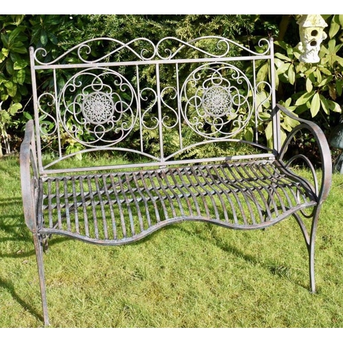 ARCHITECTURAL GARDEN BENCH, Regency style, aged painted metal frame, 98cm x 110cm x 67cm.