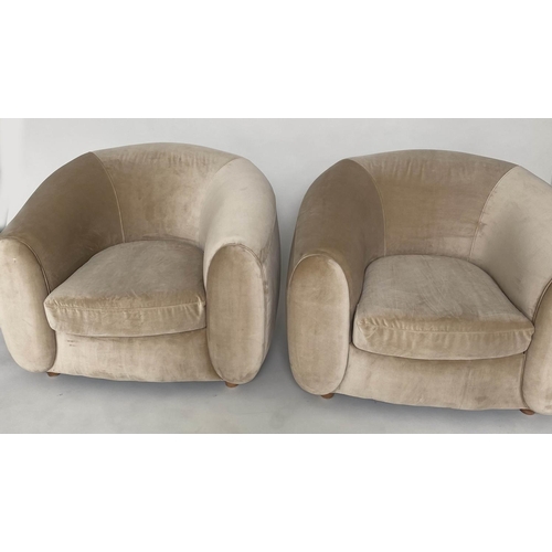 372 - ARMCHAIRS, a pair, tub back in golden yellow velvet with rounded backs and arms, 95cm W. (2)