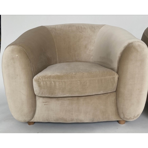 372 - ARMCHAIRS, a pair, tub back in golden yellow velvet with rounded backs and arms, 95cm W. (2)