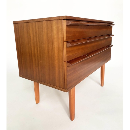 373 - CHEST, 1960's Afromosia teak, with three long drawers, integral handles and shaped tapering supports... 