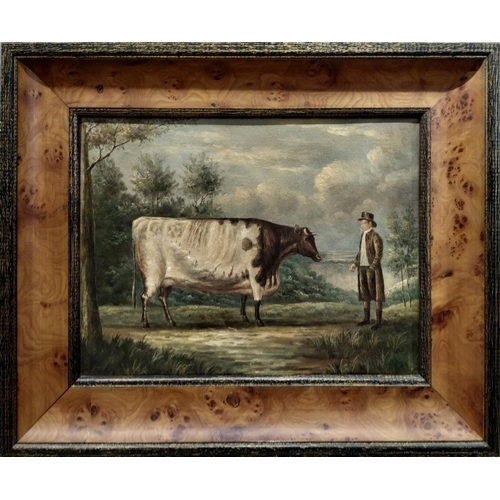 66 - 18th/19th CENTURY SCHOOL MANNER, 'Race Horse and Rider and Pedigree Bull', oil on canvas, 29cm x 40c... 