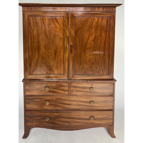 347 - LINEN PRESS, Regency figured mahogany with two panelled doors enclosing original trays above four dr... 