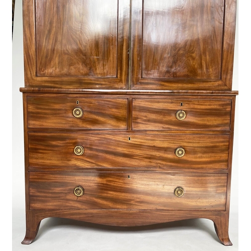 347 - LINEN PRESS, Regency figured mahogany with two panelled doors enclosing original trays above four dr... 