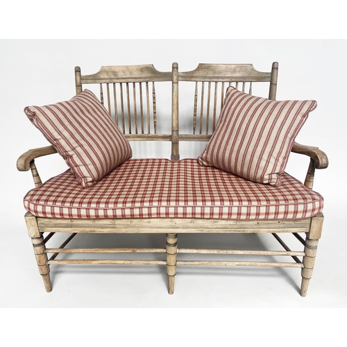 348 - HALL SEAT, 19th century English sycamore framed and mesh seated with raspberry check cushions, 117cm... 