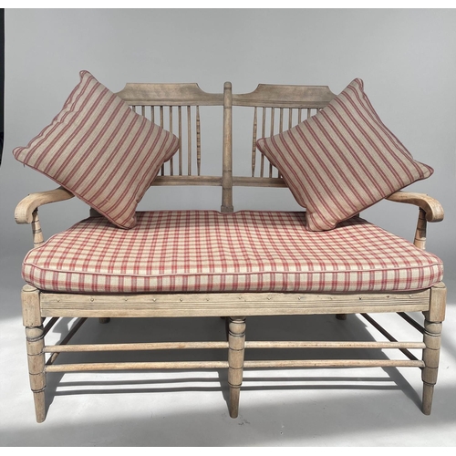 348 - HALL SEAT, 19th century English sycamore framed and mesh seated with raspberry check cushions, 117cm... 