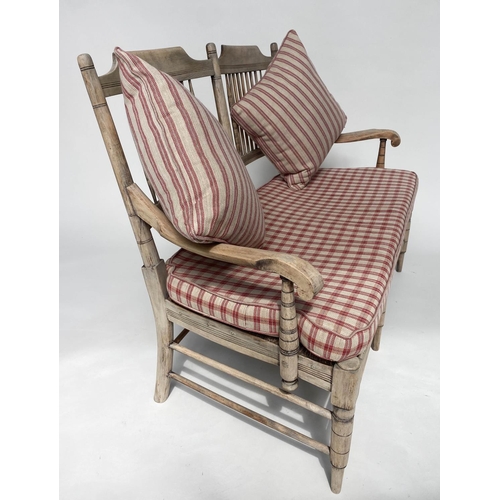 348 - HALL SEAT, 19th century English sycamore framed and mesh seated with raspberry check cushions, 117cm... 