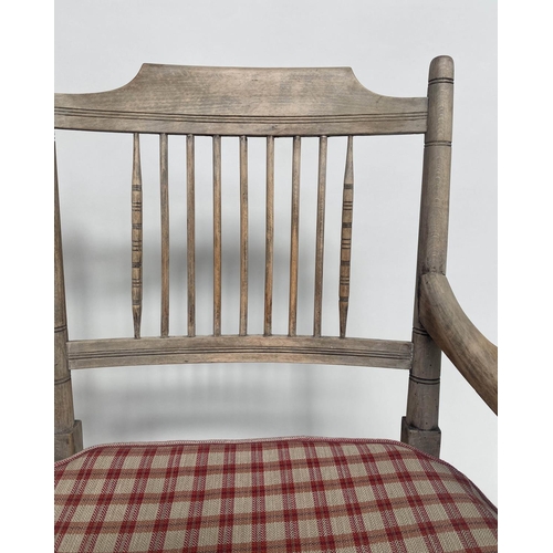 348 - HALL SEAT, 19th century English sycamore framed and mesh seated with raspberry check cushions, 117cm... 