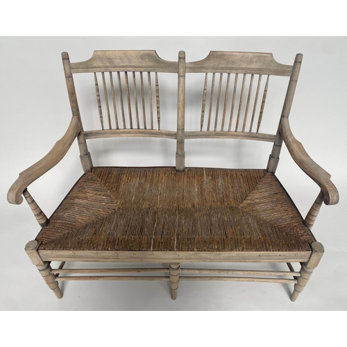 348 - HALL SEAT, 19th century English sycamore framed and mesh seated with raspberry check cushions, 117cm... 