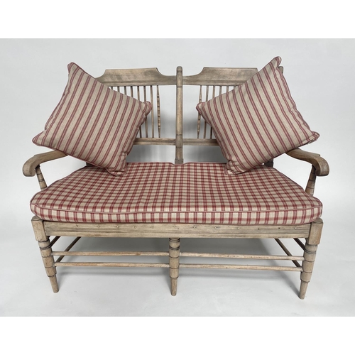 348 - HALL SEAT, 19th century English sycamore framed and mesh seated with raspberry check cushions, 117cm... 